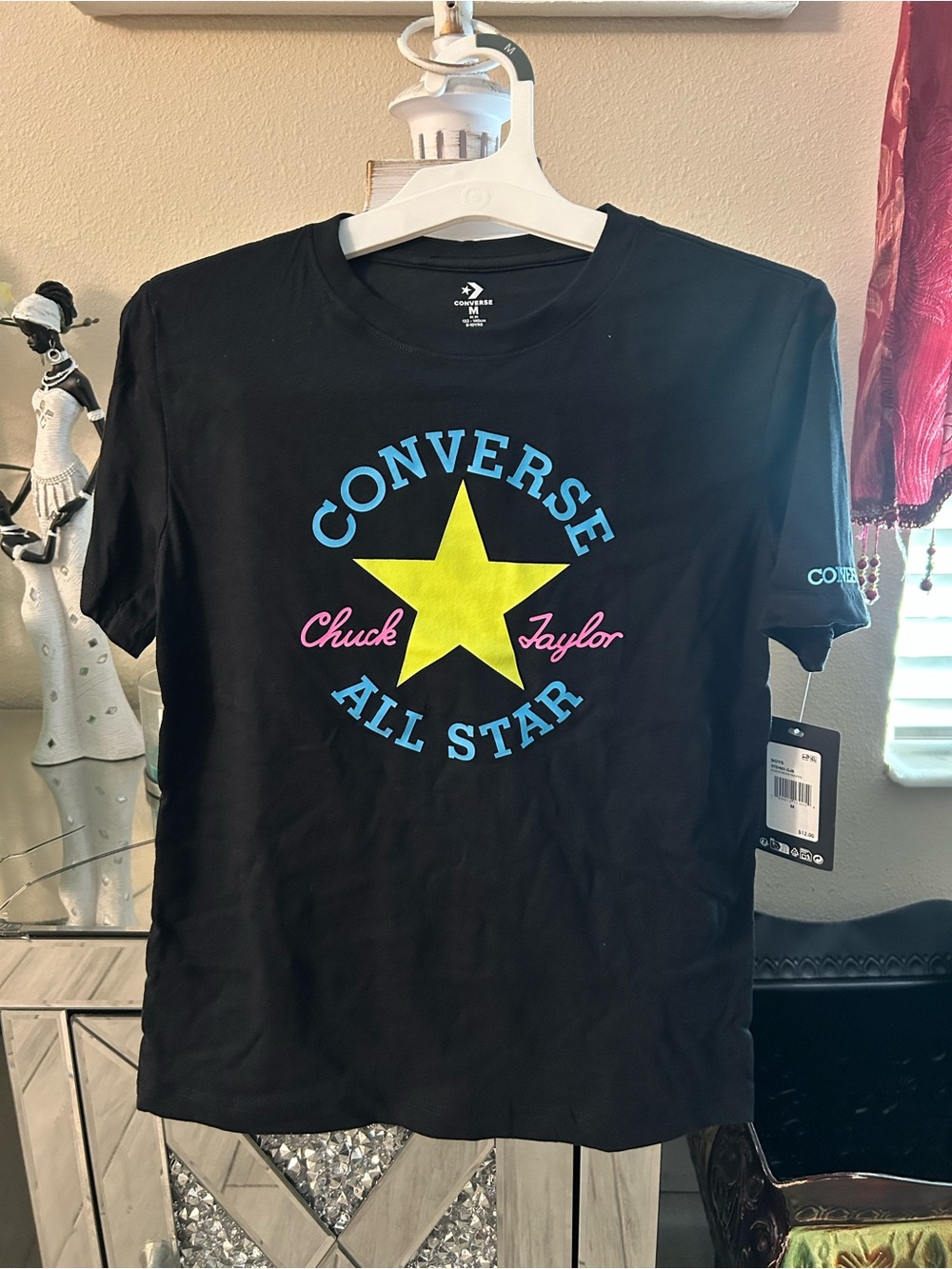 Converse Black Short Sleeve Tee with Yellow Star and Blue/Pink Logo